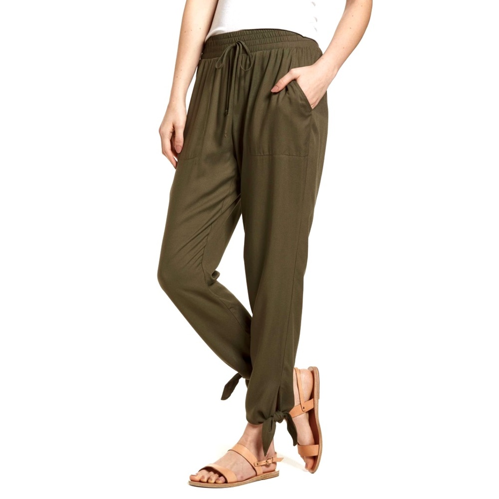 Socialite Green Elastic Waist Ankle Tie Casual Jogger Pants